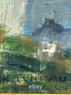 Antique 1944 Original Oil Painting Fishing Boat Normandy Village Signed Framed