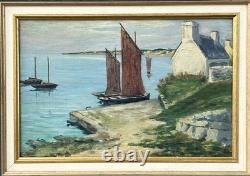 Antique 1944 Original Oil Painting Fishing Boat Normandy Village Signed Framed