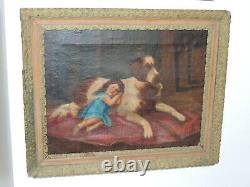 Antique Carré Peinture Huile sur Toile Avec Cadre en Bois Coeval