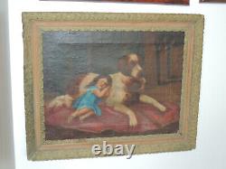Antique Carré Peinture Huile sur Toile Avec Cadre en Bois Coeval