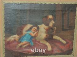 Antique Carré Peinture Huile sur Toile Avec Cadre en Bois Coeval