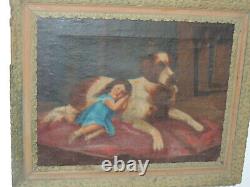 Antique Carré Peinture Huile sur Toile Avec Cadre en Bois Coeval