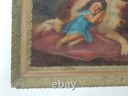 Antique Carré Peinture Huile sur Toile Avec Cadre en Bois Coeval