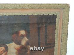 Antique Carré Peinture Huile sur Toile Avec Cadre en Bois Coeval