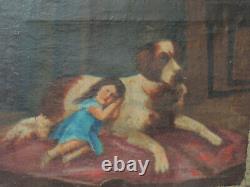 Antique Carré Peinture Huile sur Toile Avec Cadre en Bois Coeval