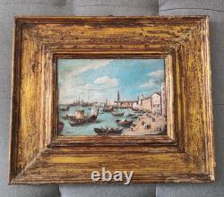 Antique Carré Peinture Huile sur Toile Cadre en Bois Signé Venezia Nell'800