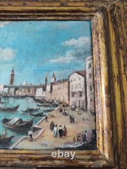 Antique Carré Peinture Huile sur Toile Cadre en Bois Signé Venezia Nell'800