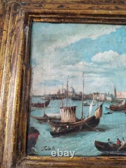 Antique Carré Peinture Huile sur Toile Cadre en Bois Signé Venezia Nell'800