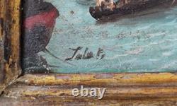 Antique Carré Peinture Huile sur Toile Cadre en Bois Signé Venezia Nell'800
