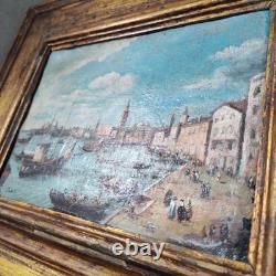 Antique Carré Peinture Huile sur Toile Cadre en Bois Signé Venezia Nell'800