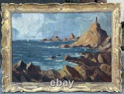 Antique Original Oil Painting, Marine, Boat, Reefs, Stones, Seascape, Framed