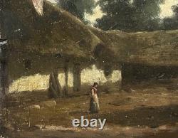 Antique Original Oil Painting Village Scene Landscape, Realism, Barbizon School