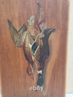 Antique Peinture À L'Huile Sur Panneau En Bois Massif Chasse Cm 55 X 36,5