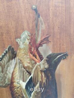 Antique Peinture À L'Huile Sur Panneau En Bois Massif Chasse Cm 55 X 36,5