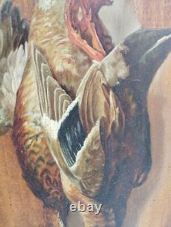 Antique Peinture À L'Huile Sur Panneau En Bois Massif Chasse Cm 55 X 36,5