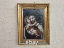 Antique Xvii Seconde Carré Peinture Huile sur Toile Marie Avec Enfant Cadre Bois