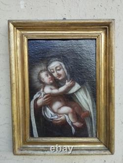 Antique Xvii Seconde Carré Peinture Huile sur Toile Marie Avec Enfant Cadre Bois