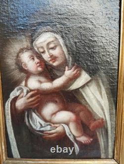 Antique Xvii Seconde Carré Peinture Huile sur Toile Marie Avec Enfant Cadre Bois