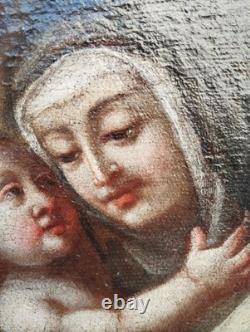 Antique Xvii Seconde Carré Peinture Huile sur Toile Marie Avec Enfant Cadre Bois