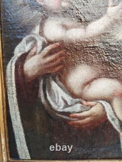 Antique Xvii Seconde Carré Peinture Huile sur Toile Marie Avec Enfant Cadre Bois