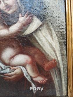 Antique Xvii Seconde Carré Peinture Huile sur Toile Marie Avec Enfant Cadre Bois