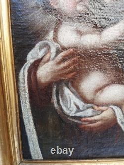 Antique Xvii Seconde Carré Peinture Huile sur Toile Marie Avec Enfant Cadre Bois Antique Xvii Seconde Carré Peinture Huile sur Toile Marie Avec Enfant Cadre Bois