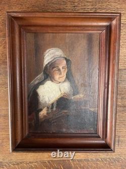 Artiste à identifier Huile sur panneau de bois Monogrammée La liseuse -XIX