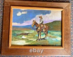 Artiste à identifier Huile sur toile collée sur bois Signée Cowboy 1937