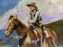 Artiste à identifier Huile sur toile collée sur bois Signée Cowboy 1937