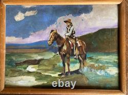 Artiste à identifier Huile sur toile collée sur bois Signée Cowboy 1937
