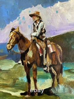 Artiste à identifier Huile sur toile collée sur bois Signée Cowboy 1937
