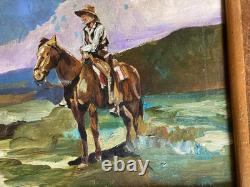 Artiste à identifier Huile sur toile collée sur bois Signée Cowboy 1937