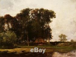 Auguste Joseph DELESSARD tableau paysage cabane lac étang forêt nénuphars arbres