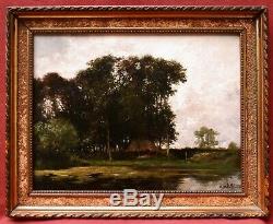 Auguste Joseph DELESSARD tableau paysage cabane lac étang forêt nénuphars arbres