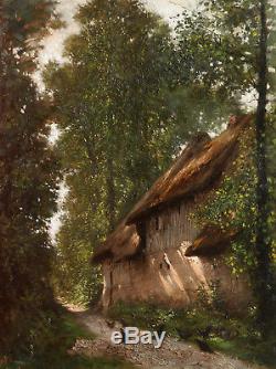 Auguste Joseph DELESSARD tableau paysage poules chaumière forêt Normandie chemin