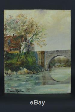 BEAU TABLEAU PAYS BASQUE pont d'Orthez PAYSAGE RIVIERE MAURICE MARTIN 1952