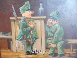 Beau, Ancien Tableau, Militaire, Caricature, Huile Sur Panneau En Bois