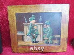 Beau, Ancien Tableau, Militaire, Caricature, Huile Sur Panneau En Bois