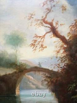 Beau paysage animé, XVIII è s, château, huile sur panneau de bois, encadrée