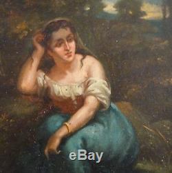 Beau tableau Romantique, peinture, huile/bois, cadre bois doré, milieu XIX ème