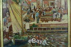 Beau tableau ancien Le marché aux Poissons Normandie Marine sv de saint-Delis