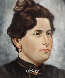 Beau tableau, peinture, huile sur bois, portrait de femme vers 1900. Encadré