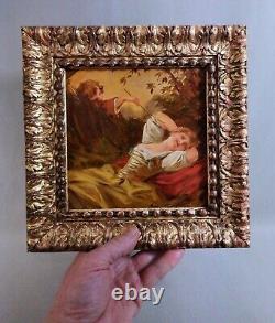 Belle Huile S/Bois Ancienne, Faune Chatouillant Jeune Femme, dlg de F. Boucher