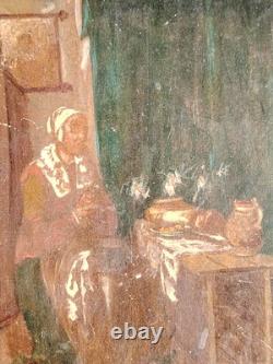 Belle Huile Sur Bois Femme À La Couture XIXEME
