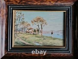 Belle Huile Sur Bois Paysage Maritime Encadré Sous Verre