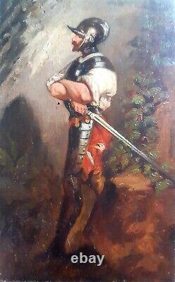 Belle Huile sur bois Conquistador XIX Peinture Hernan Cortés Christophe Colomb