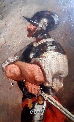 Belle Huile sur bois Conquistador XIX Peinture Hernan Cortés Christophe Colomb