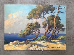 Belle Peinture Paysage 1950 mer pin Huile Sur Panneau Hsp Signé À identifier