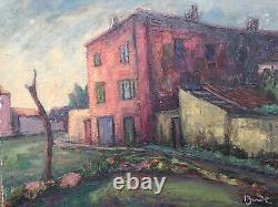 Belle Peinture Paysage Maison immeuble 1950 Huile Sur Panneau Hsp Signé Onde