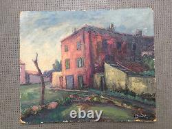 Belle Peinture Paysage Maison immeuble 1950 Huile Sur Panneau Hsp Signé Onde